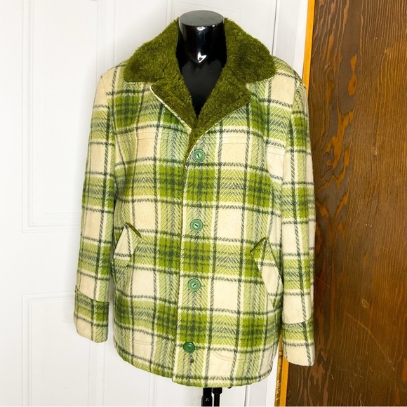Vintage Jackets & Blazers - VINTAGE 1960s Green Wool Plaid Jacket | Tartan Check Hunting Coat Unisex S/M